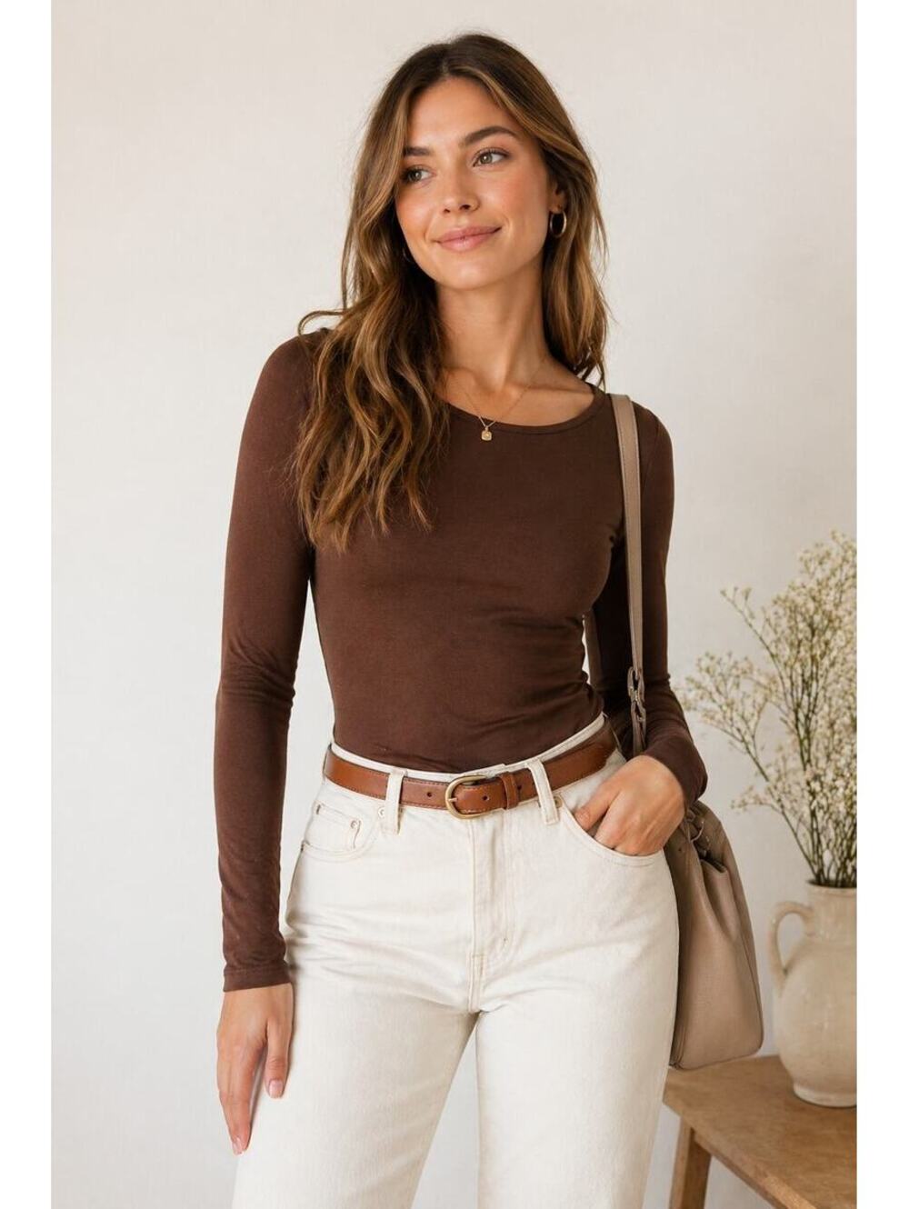 Scoop Neck Brown Stretch Layering Long Sleeve Fitted Top Womens S
